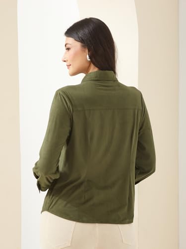 Latin Quarters Women Green Collared Full Sleeves Solid Casual Shirt_S