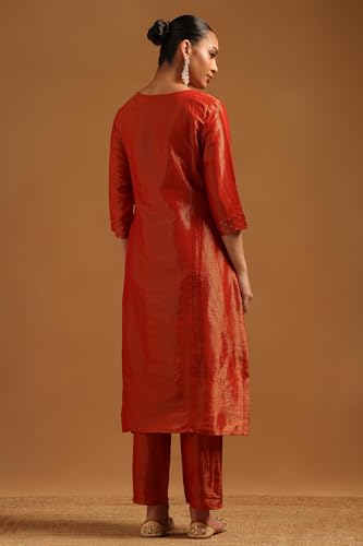 Soch Womens Rust Tissue Woven Design Kurta Set With Thread Work