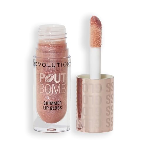 Makeup Revolution Pout Bomb Shimmer Lip Gloss- Glimmer Nude | Glossy Shine + Moisturising Feel | Makes Lips Look Fuller Instantly | Easy to Use, Non-Sticky | 4.6ml