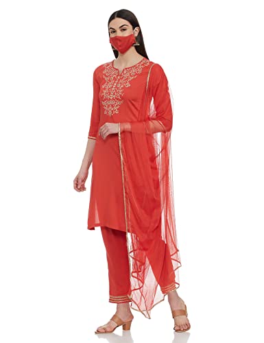 BIBA WOMEN SOLID; EMBROIDRED NARROW SALWAR KURTA DUPATTA(SKD7455E_SAFFRON_42)