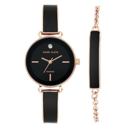 Anne Klein Women's Genuine Diamond Dial Rose Gold-Tone with Bracelet Set, Rose Gold/Black