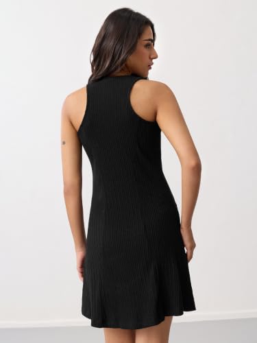The Souled Store Solid Knit Dress: Ink Black Women and Girls Sleeveless Round Neck Black Solid Polyester Cotton Blend Slim Fit Breathable Comfortable Summer Casual Mini Dresses