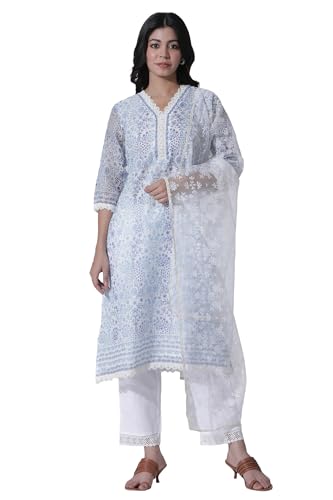 W for Woman White & Blue Floral Printed Kota Kurta, Pants and Brasso Dupatta_24ONWS10519-123919_M