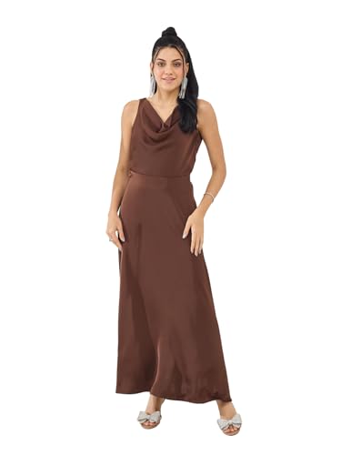 Latin Quarters Women's Brown Solid Sleeveless Cowl Neck Party A-Line Dress_XL