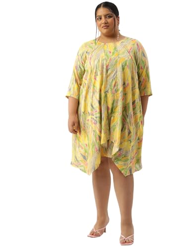 theRebelinme Plus Size Women's 6409QC Yellow Gold Foil Printed Layered Dress(XXXXL)