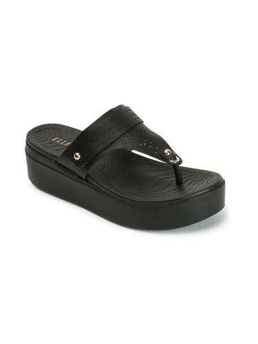 ELLE Women's Fashionable Thong Comfartable Sandals,Black,UK-7