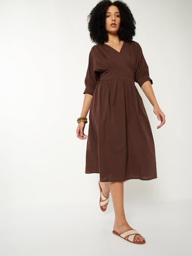 Max Women Textured A-line Midi Dress (Brown_M)