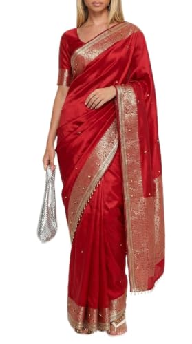 Red Saree with Ghungroo Detailing and Gold Zari Border