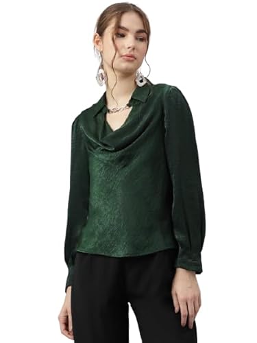 Latin Quarters Women's Green Full Sleeves Collar Neck Casual Solid Top_S
