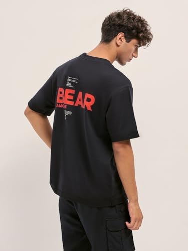 THE BEAR HOUSE Men's Cotton Printed Oversize Fit Black T-Shirt