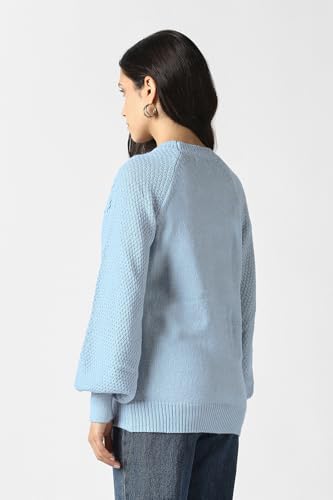 Women Light Blue Embroidered Round Neck Sweater