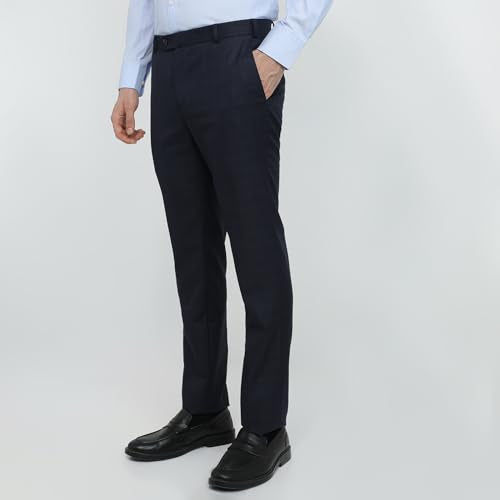 Raymond Men Slim Fit Checks Pattern Polyester Blend Flat Front Formal Trouser Blue