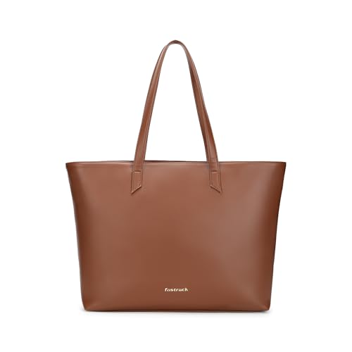 Fastrack Core Tote Laptop Bag For Women | Tan Faux Leather Bag | Fits Upto 15" Laptop | Ladies Handbag with Zipper Closure & Utility Pockets