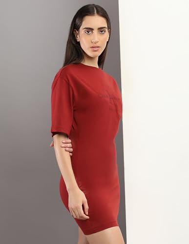 Calvin Klein Red Cotton Printed Round Neck Short Sleeves Regular Fit Women Dress