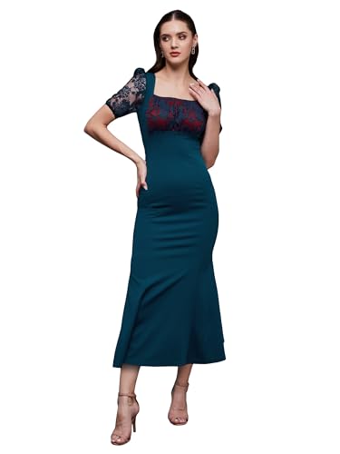 Miss Chase Women's Square Neck Short Puff Sleeve Self Design Lace Overlaid Bodycon Maxi Dress (MCSS22D13-48-83-03, Teal, S)