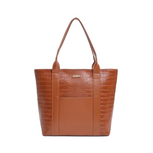 Fastrack Chic Textured Tote Bag for Women | Stylish Casual Bag for Ladies, Women, Girls | Trendy Everyday College Bag Made of Faux Leather (Tan)