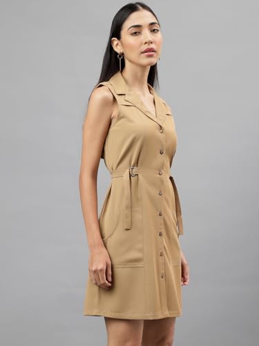 Latin Quarters Women Beige Sleeveless Collar Neck Women Shirt Dress_L