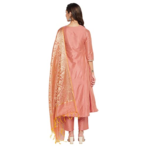 Rangavali Peach Cotton Silk Festive Anarkali Suit Set With Dupatta | Readymade Kurti Pant Set | Embroidery Krta For Women | 3 Pcs Set | XS, 30