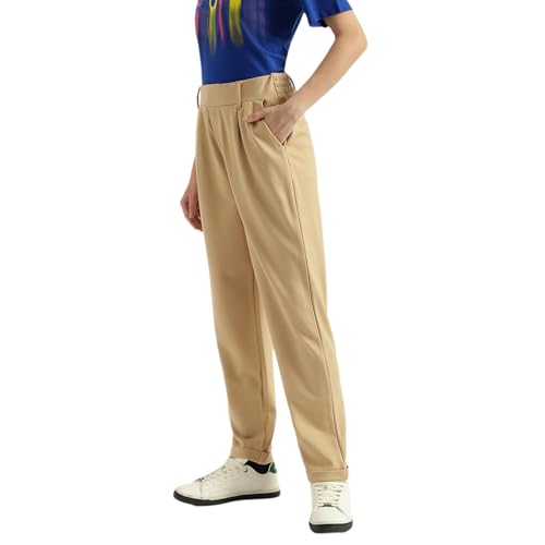 United Colors of Benetton Solid Crop Pull Up Folded Hem Trousers (Size: M)-25A3DI4DF00JGDI5 Beige