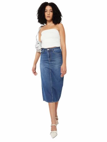 Max Women Washed Denim Skirt (Blue_36)