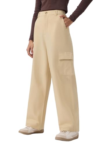 The Souled Store Cotton Linen Pants: Rich Cream Women Buttoned Waistband Solid Lightweight Utility Straight Fit Cargo Pants