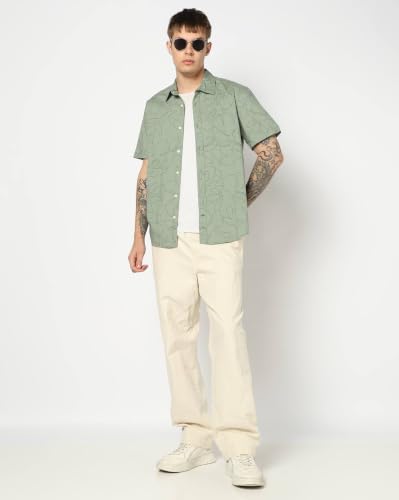 Men Floral Spread Collar Half Sleeve Shirts, Green, M