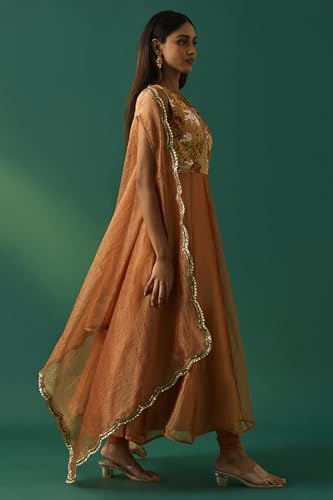 Wishful Women's Orange Embroidered Flared Dress with Churidar and Cape Set - (SP11492-401101-XL)