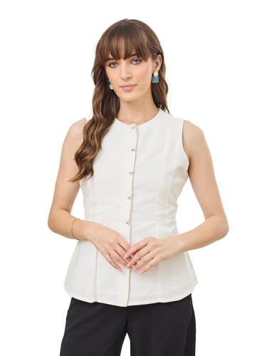 Latin Quarters Women's White Sleeveless Round Neck Casual Solid Top_M