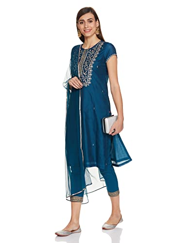 BIBA WOMEN SOLID; EMBROIDRED NARROW SALWAR KURTA DUPATTA(SKDASSORTED7700_TEAL_38)