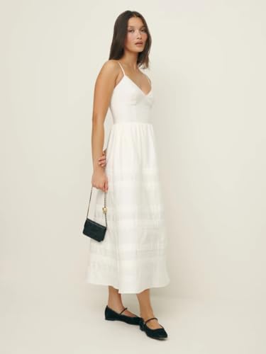 Tomber Amoureux Women’s XS Fitted Midi | White Cotton Fabric | V-Neck | Solid Sleeveless Design