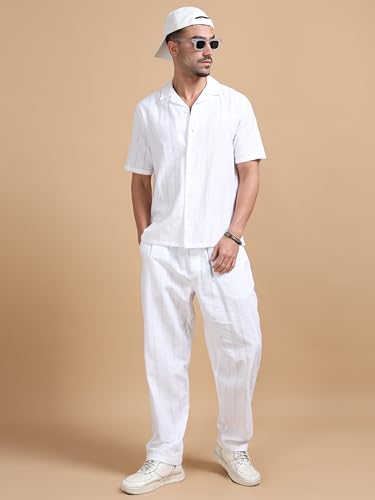 StitchX Men’s Airport Look Textured Seersucker Resort Cotton Shirt & Trouser Co-Ord Set Bright White M