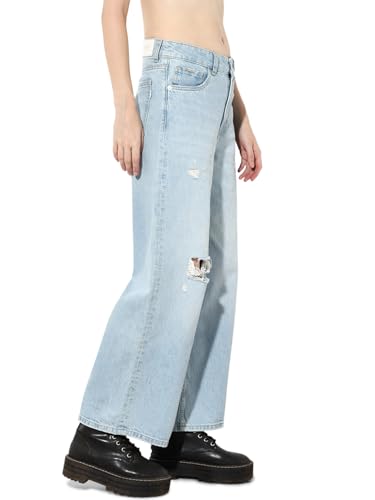ONLY Women's Solid Wide Leg Mid-Rise Blue Jeans