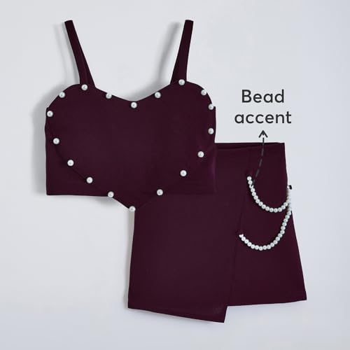 Hopscotch Girls Sleeveless Maroon 2-Pc Burgundy Pearl Accent Skirt Set (7-8 Years)