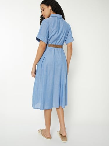 Max Women Solid A-line Shirt Dress with Belt (Blue_L)