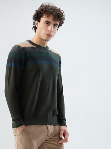 Raymond Men Regular Fit Stripe Pattern Merino Wool Acrylic Blend Full Sleeve Round Neck Casual Sweater Green