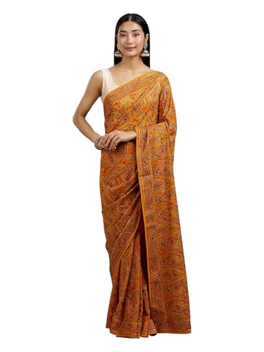 MOHEY Women's Georgette Imperial Paisley Patterned Saree(Mustard Yellow)