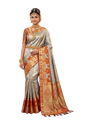 VFCollections Women's Traditional Handloom Kanchipuram Silk Pure Pattu Sarees | Rich Zari Woven Design | Unstitched Blouse (VFC459-2)