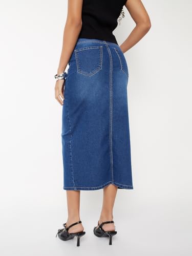 Max Women Washed Denim High Rise Skirt (Blue_30)