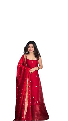 CLOTHRED HVJ Women's Red Satin Embroidered Kurta Set with Dupatta and Palazzo Pants | Festive Ethnic Suit for Women (IN, Alpha, XS, RED)