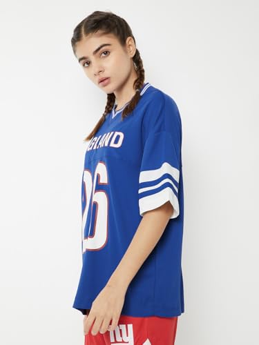 Max Women Printed Oversized Sports T-Shirt (Blue_S)