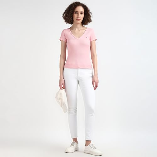 Tommy Hilfiger Pink Textured V-Neck Half Sleeve T-Shirt