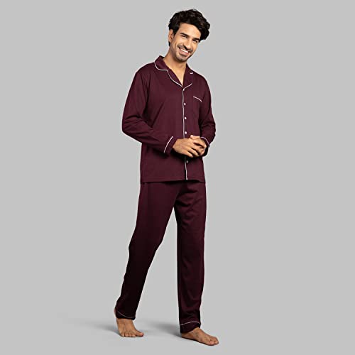 NITE FLITE Sangria Wine Mens Cotton Nightwear Full Sleeve | Top and Pyjama Set (Sangria Wine, XL)