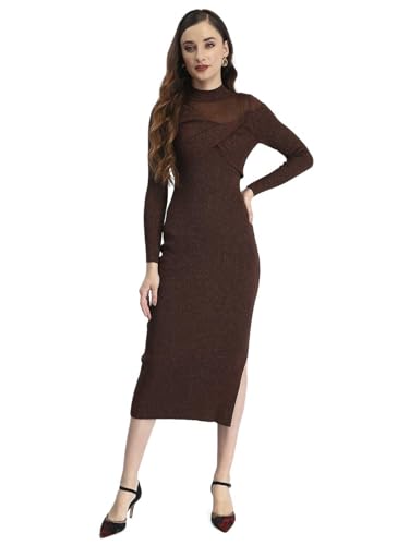 Madame Semi Sheer Cutout Brown Midi Dress