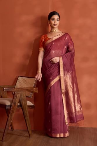 Taneira Women Dark Red Woven Pure Silk Cotton Bengal Saree with Unstitched Blouse Piece (SAPH04AB0593-Dark Red)