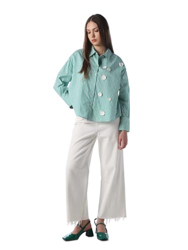 ONLY Women's Vertical Stripes Regular Fit Green Shirt