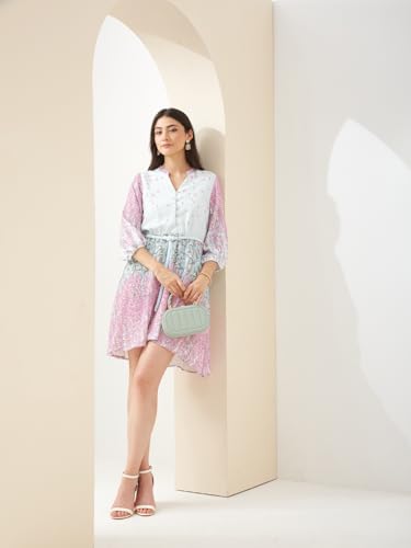 Latin Quarters Women Pink Mandarin Collar 3/4 Sleeves Fit & Flare Printed Casual Dress_XXL