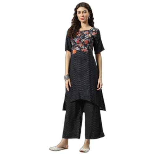 BIBA WOMEN PRINTED STRAIGHT SALWAR KURTA DUPATTA(SKD7426E_BLACK_36)