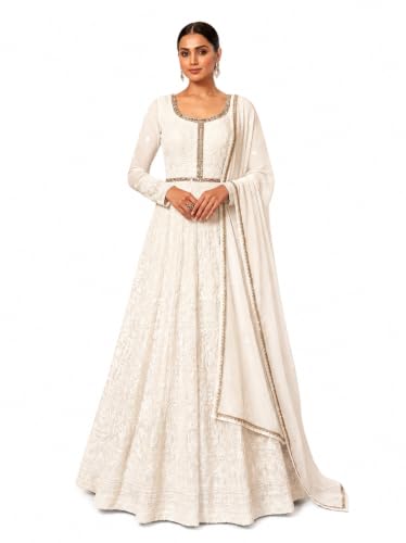 RUDRAPRAYAG Georgette And Santoon Embroidered Ankle Length Anarkali Gown For Women White