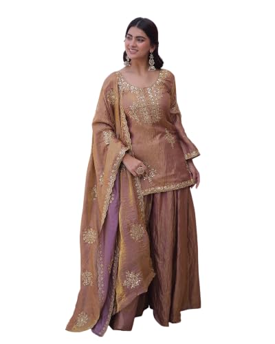 Women's Silk Blend Embroidered Kurta Set With Palazzo And Dupatta
