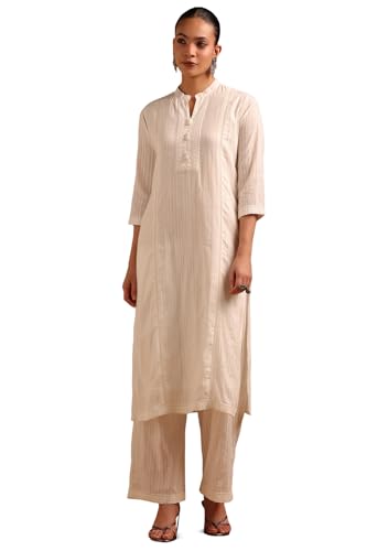 Soch Womens Off White Cotton Stripes Kurta Set With Lace Details